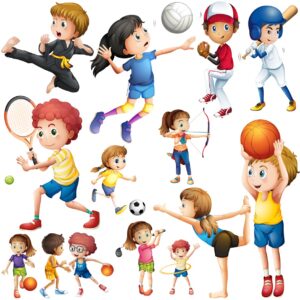 Children doing different kind of sports Ein Cartoon von Kindern, die verschiedene Ballsportarten betreiben.