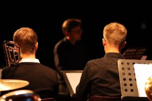 Mitglieder des Orchesters (links ein Posaunist, rechts ein Trompeter) von hinten fotografiert, dazwischen im Hintergrund der Dirigent des Orchesters, Herr Albrecht. Aufnahme aus dem Sommerkonzert 26.