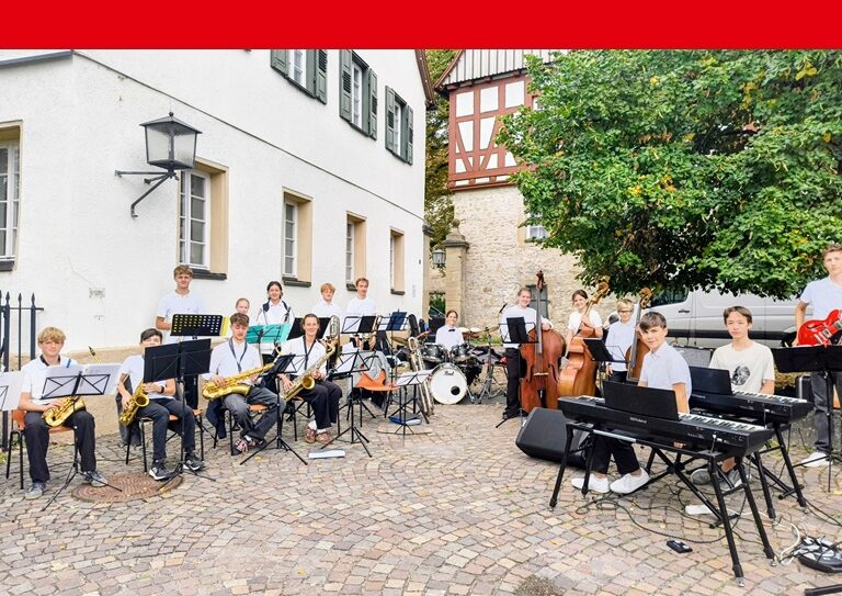Die Schulbigband posiert auf dem Hemminger Marktplatz. Rechts im Bild die Rhythmusgruppe (Keyboards, Kontrabässe, E-Gitarre und Schlagzeug) auf der linken Seite die Bläser. Alle Schüler sind schick schwarz/weiß gekleidet. Im Hintergrund die Fachwerkarchitektur des Hemminger Stadtkerns.