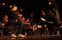Das Schulorchester bei der Aufführung beim Sommerkonzert, rechts im Vordergrund der Dirigent, links die Streicher, von unterhalb der Bühne fotografiert.