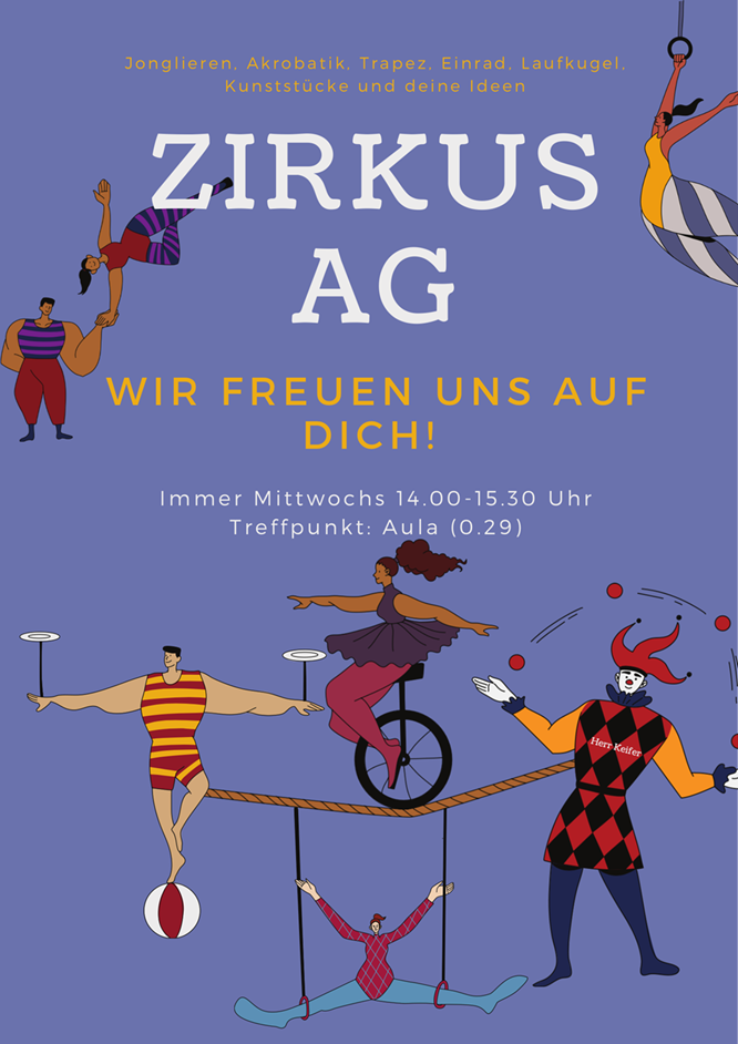 Das Plakat der Zirkus AG mit bunten Zeichnungen von Jongleuren, Einradfahrern, und anderen Akrobaten.