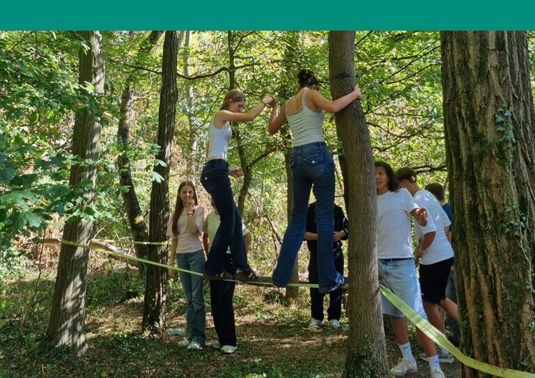 Mehrere Schüler der Klassenstuufe 9 helfen sich gegenseitig, verschiedene Seilbrücken im Wald zu überqueren.