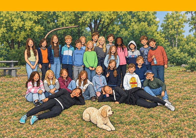 Die 6c posiert mit ihren Lehrern und einem srtuwweligen Hund auf einer Wiese. Das Bild wurde durch einen Cartoonfilter verfremdet, wodurch es sehr bunt und comic-haft wirkt.