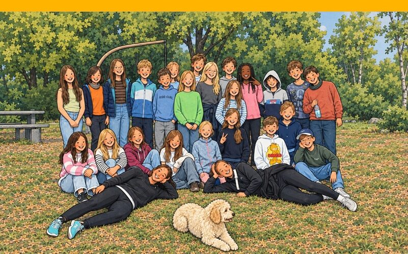 Die 6c posiert mit ihren Lehrern und einem srtuwweligen Hund auf einer Wiese. Das Bild wurde durch einen Cartoonfilter verfremdet, wodurch es sehr bunt und comic-haft wirkt.